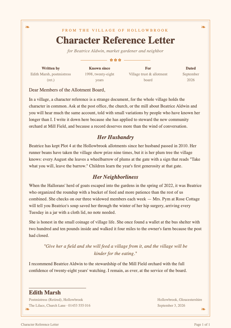 Cottagecore pastoral character reference letter